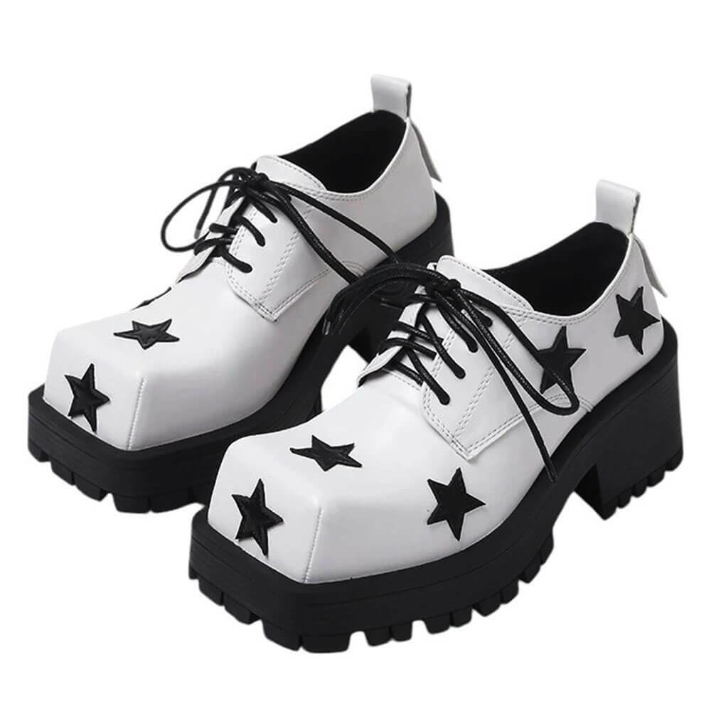 Y2K Fashion Black & White Star Platform Oxfords - 2000s Style Shoes