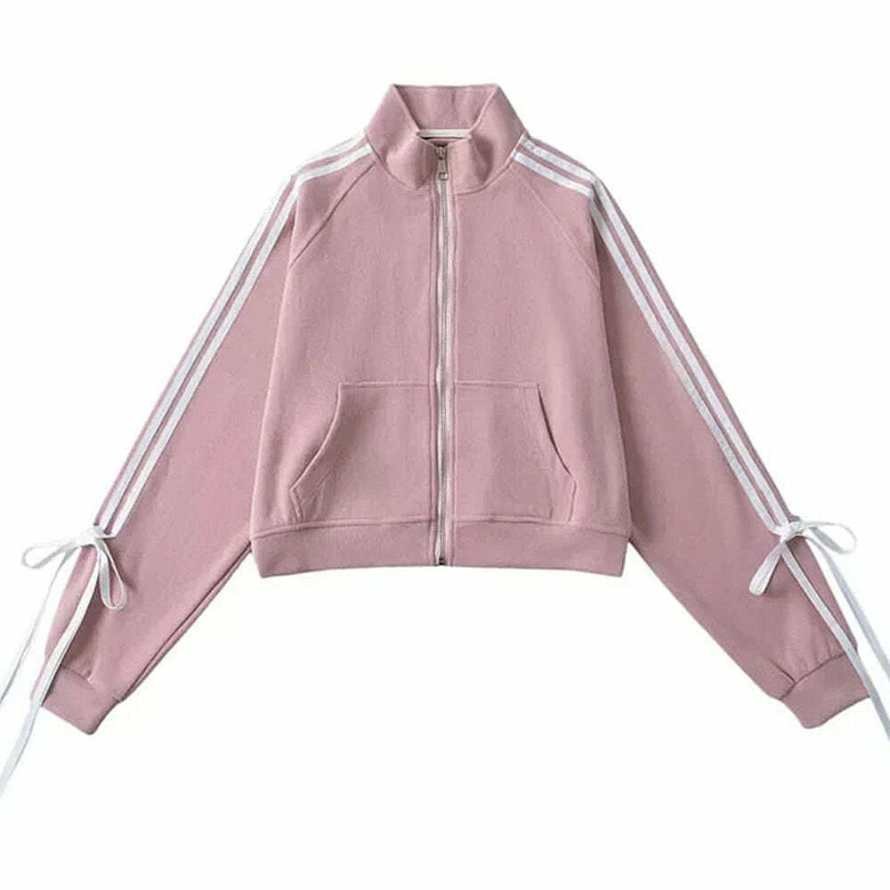 Y2K Fashion Blokette Bows Side Stripe Zip Up Sweatshirt - 2000s Style