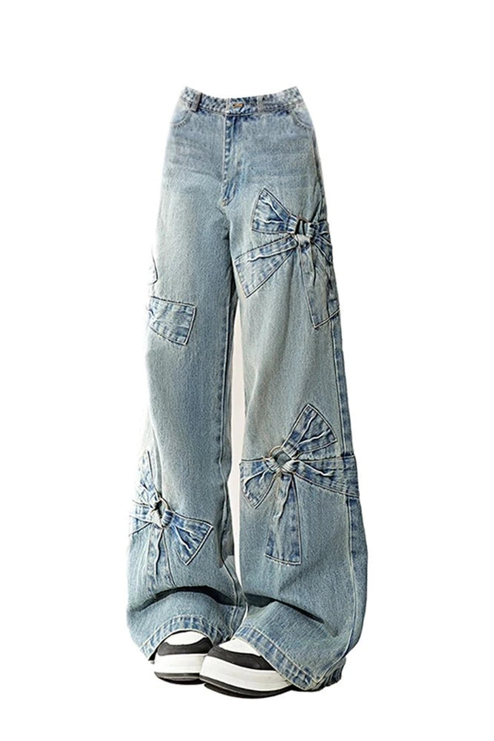 Y2K Fashion Bow-Accent Wide-Leg Jeans - Trendy 2000s Style Outfit