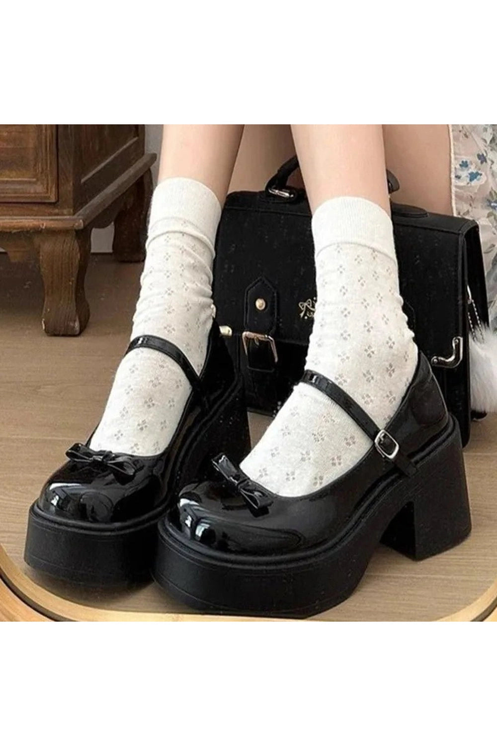 Y2K Fashion Bow Charm Platform Mary Janes - Trendy 2000s Style Shoes