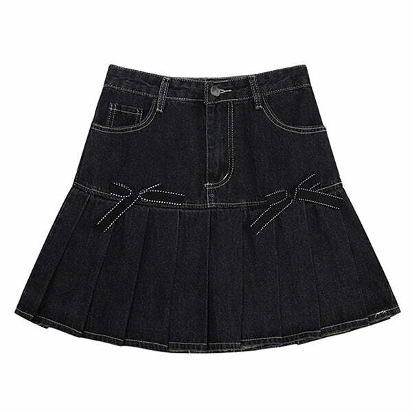 Y2K Fashion Bow Denim Pleated Skirt - Trendy 2000s Style Outfit