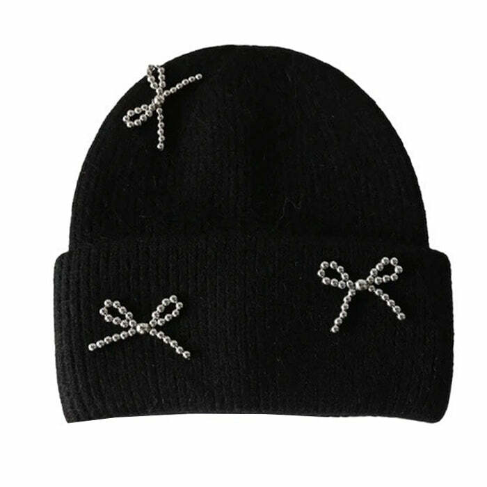 Y2K Fashion Bow Pearl Beanie Hat - Trendy 2000s Style Accessory