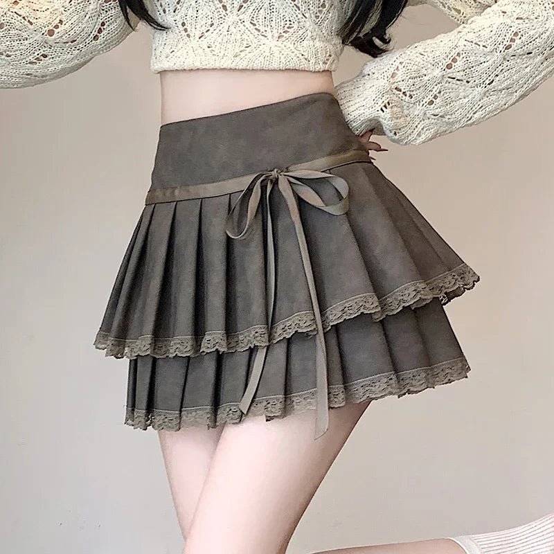 Y2K Fashion Bow-Tied Lace Pleated Mini Skirt - 2000s Style Essential