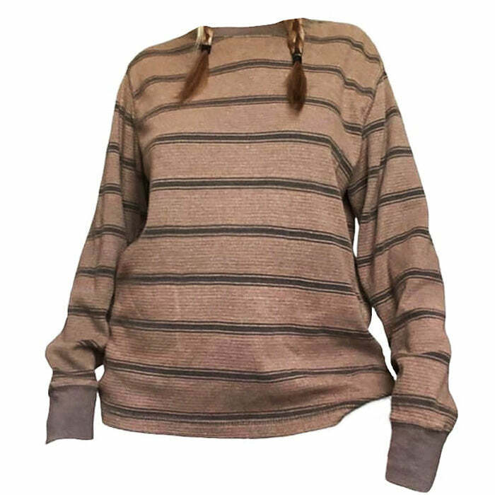 Y2K Fashion Brown Striped Longsleeve Top - Retro 2000s Style Essential