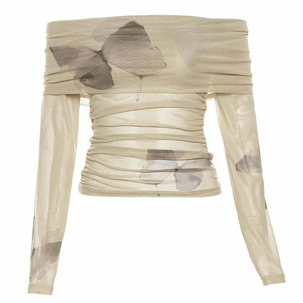 Y2K Fashion Butterfly Aesthetic Bardot Top - Trendy 2000s Style