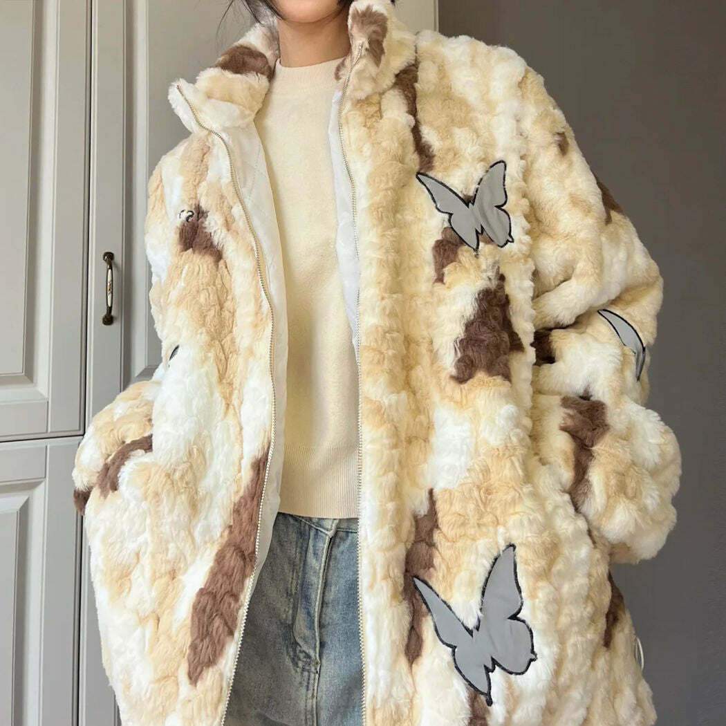 Y2K Fashion Butterfly Aesthetic Oversized Fur Jacket for Trendy Looks