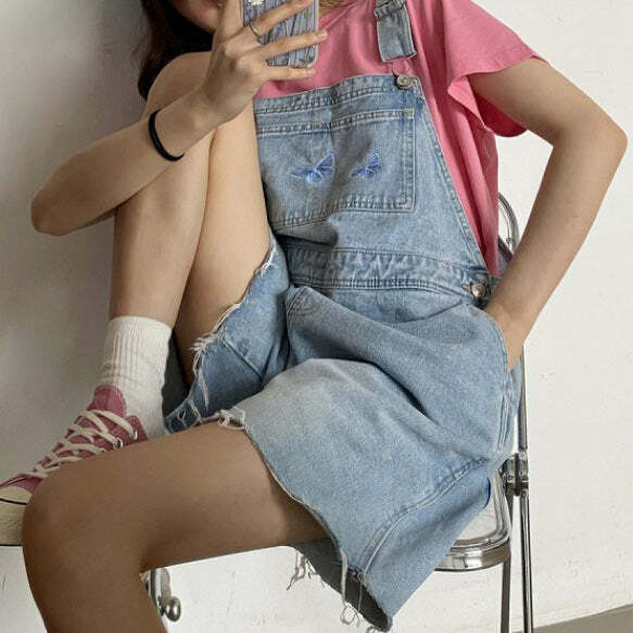 Y2K Fashion Butterfly Denim Dungaree Shorts - 2000s Style Outfit