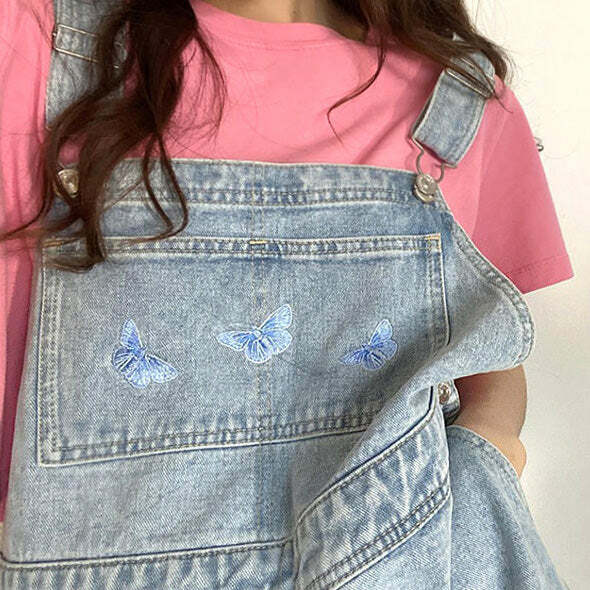 Y2K Fashion Butterfly Denim Dungaree Shorts - 2000s Style Outfit