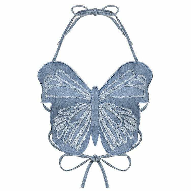 Y2K Fashion Butterfly Denim Top - Trendy 2000s Style for Women