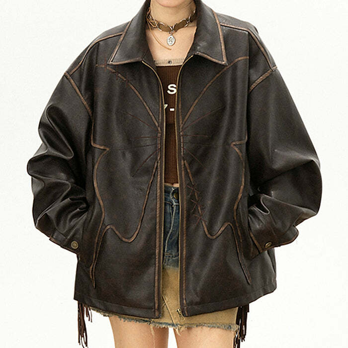 Y2K Fashion Butterfly Distressed Leather Jacket - 2000s Style Essential