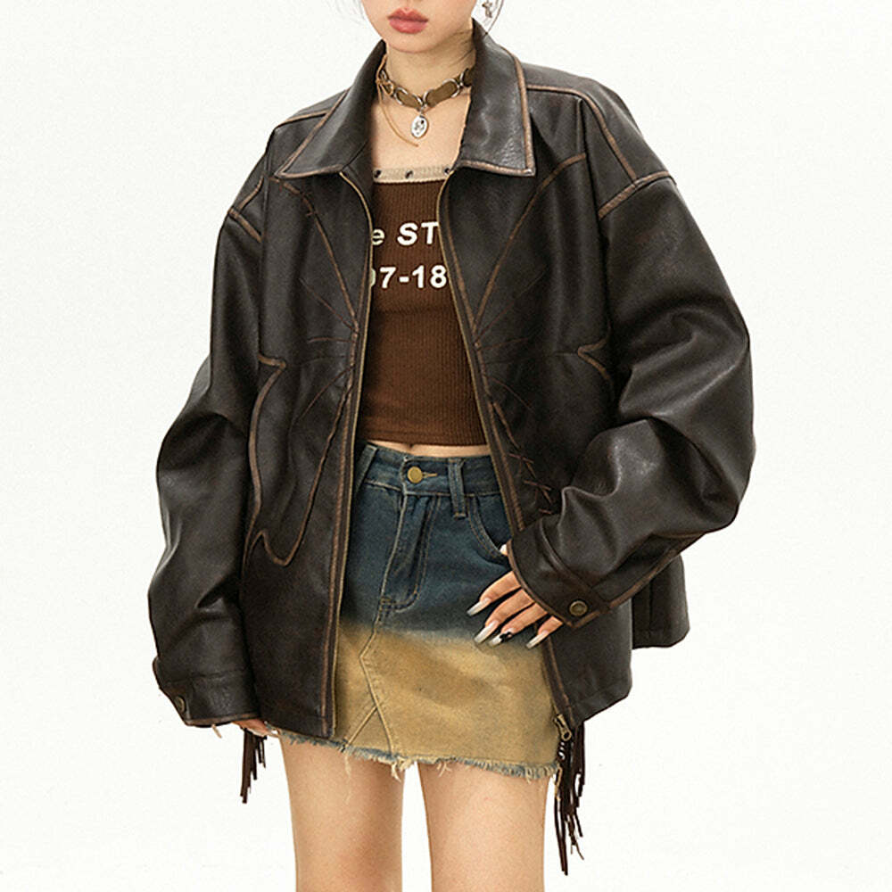 Y2K Fashion Butterfly Distressed Leather Jacket - 2000s Style Essential