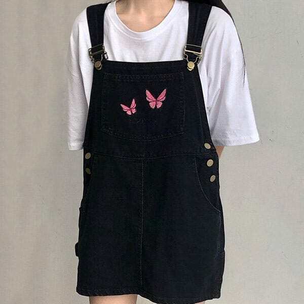 Y2K Fashion Butterfly Dungaree Dress - 2000s Style Aesthetic Outfit