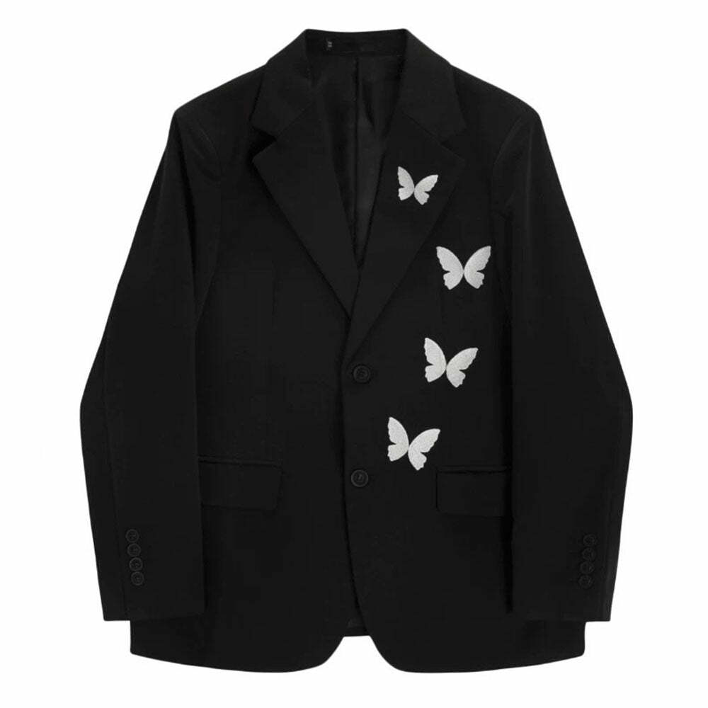 Y2K Fashion Butterfly Embroidery Black Blazer - 2000s Style Statement