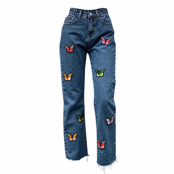 Y2K Fashion Butterfly Embroidery Jeans - Trendy 2000s Style Denim