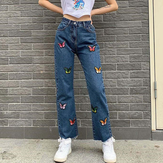 Y2K Fashion Butterfly Embroidery Jeans - Trendy 2000s Style Denim