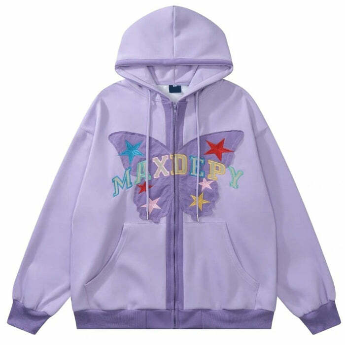 Y2K Fashion Butterfly Embroidery Zip Up Hoodie - Trendy 2000s Style