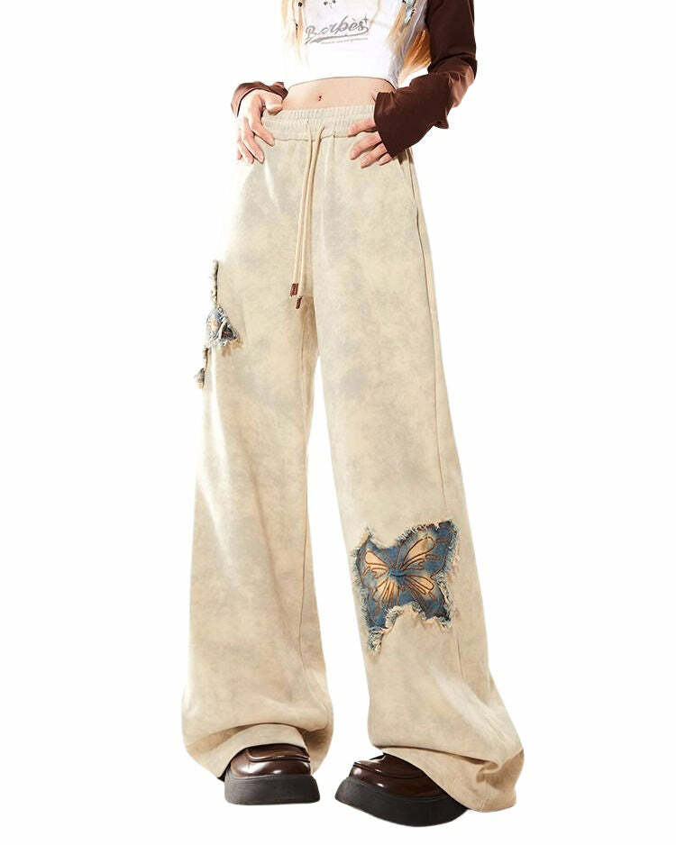 Y2K Fashion Butterfly Patch Wide-Leg Pants - Trendy 2000s Style