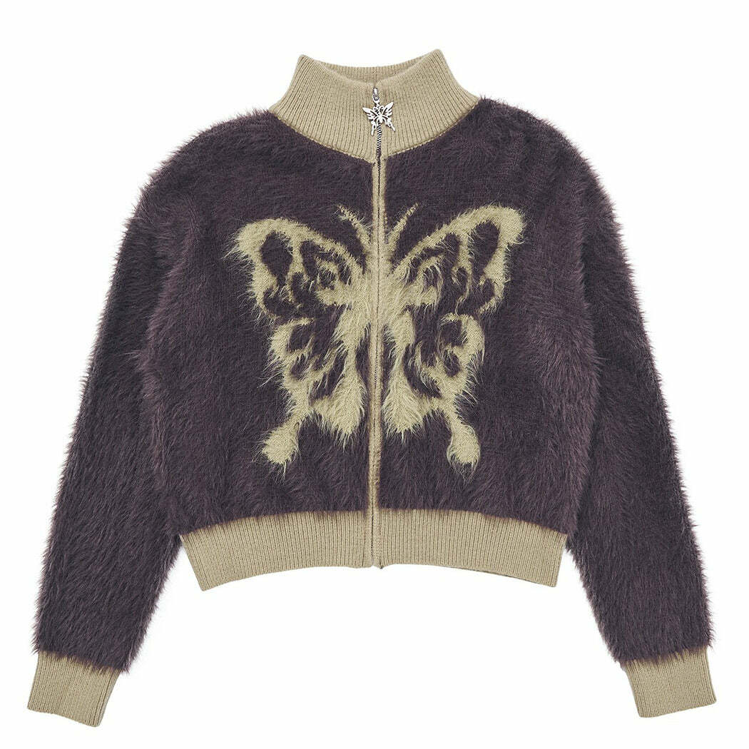 Y2K Fashion Butterfly Print Fuzzy Bomber Jacket - Trendy 2000s Style