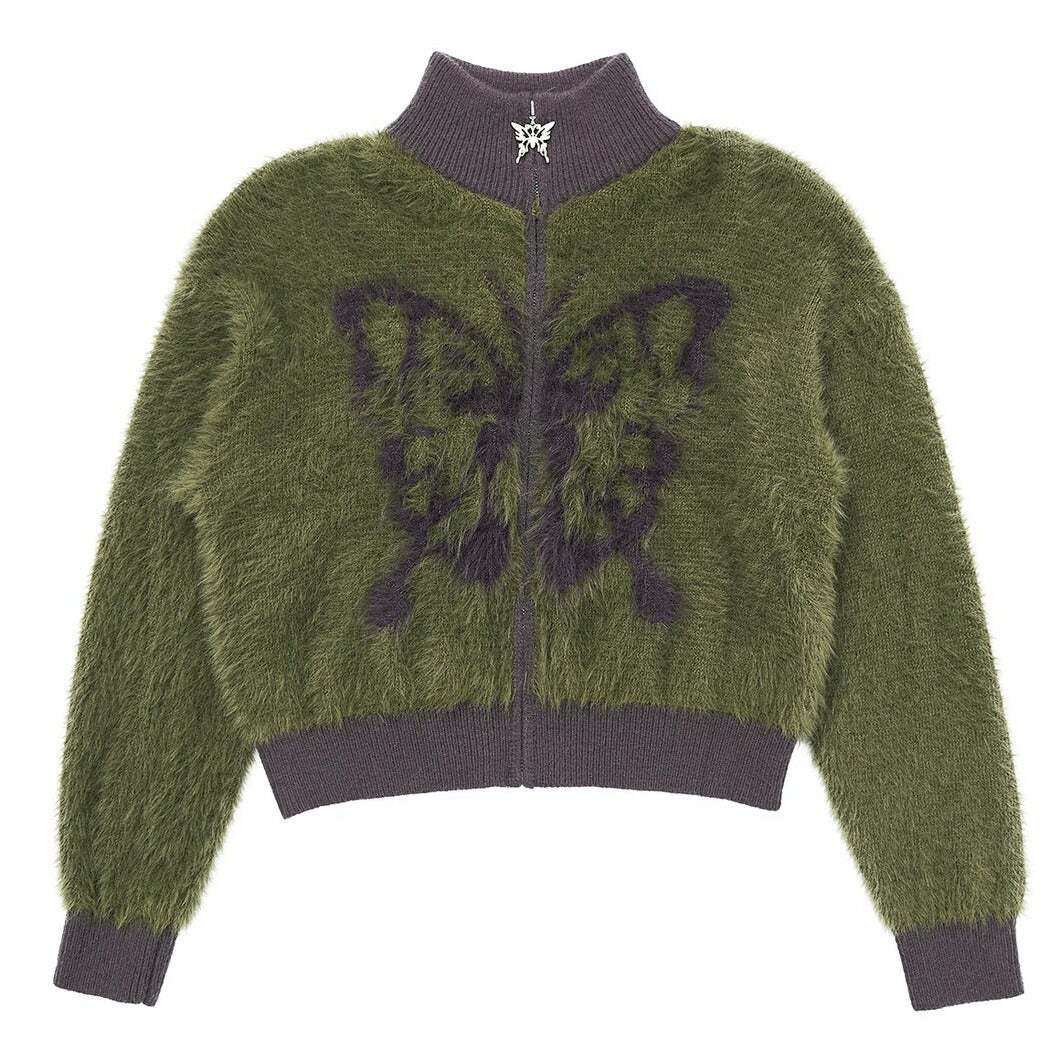 Y2K Fashion Butterfly Print Fuzzy Bomber Jacket - Trendy 2000s Style