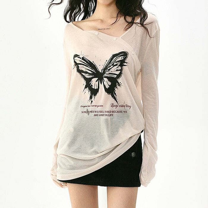 Y2K Fashion Butterfly Print Sheer Top - Trendy 2000s Style Aesthetic