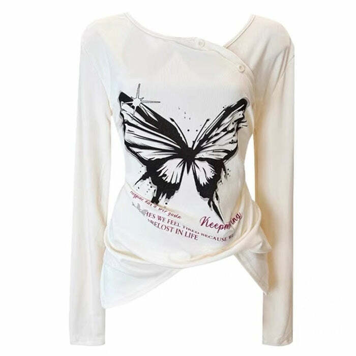 Y2K Fashion Butterfly Print Sheer Top - Trendy 2000s Style Aesthetic