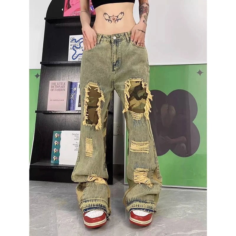 Y2K Fashion Camo Patchwork Distressed Jeans - 2000s Style Statement