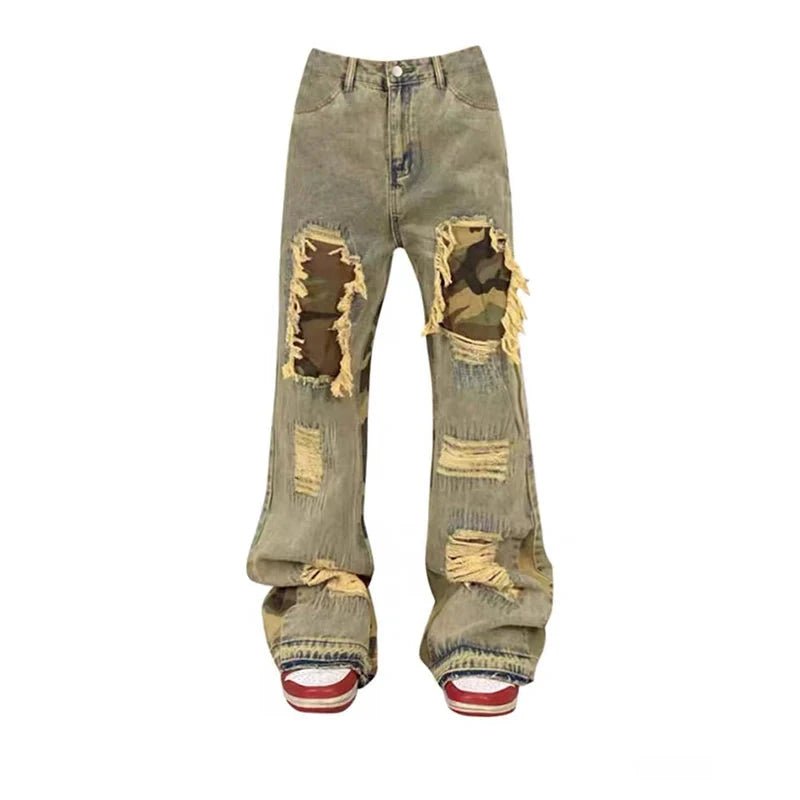 Y2K Fashion Camo Patchwork Distressed Jeans - 2000s Style Statement