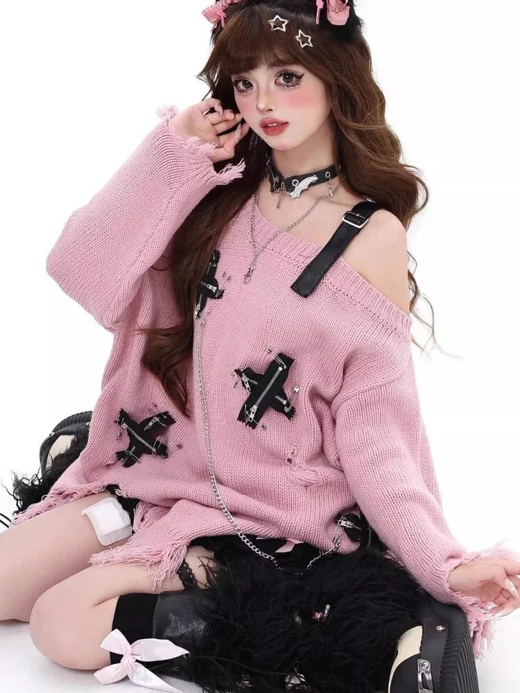 Y2K Fashion Candy Chains Distressed Sweater - Retro 2000s Style