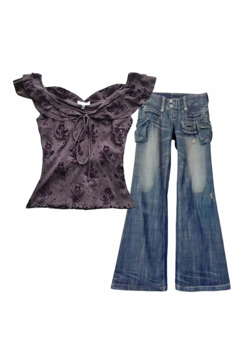 Y2K Fashion: Cargo Chic Wide-Leg Jeans & Fairycore Lace-Up Top Outfit