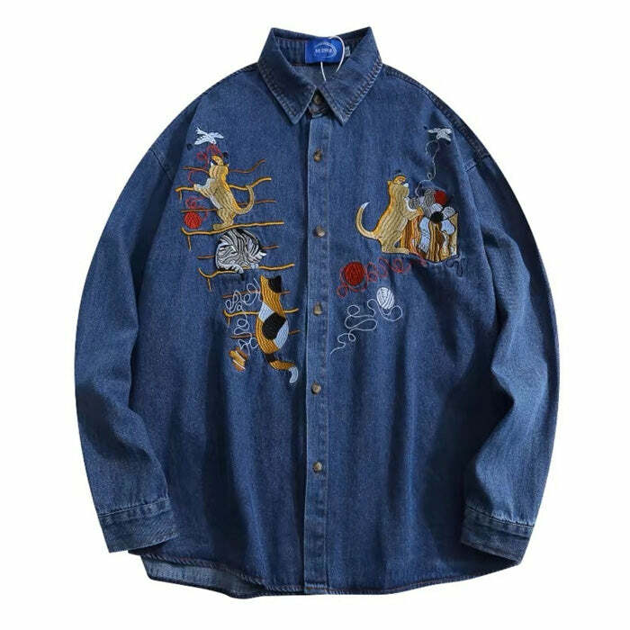 Y2K Fashion Cat Embroidery Vintage Denim Shirt - 2000s Style Top