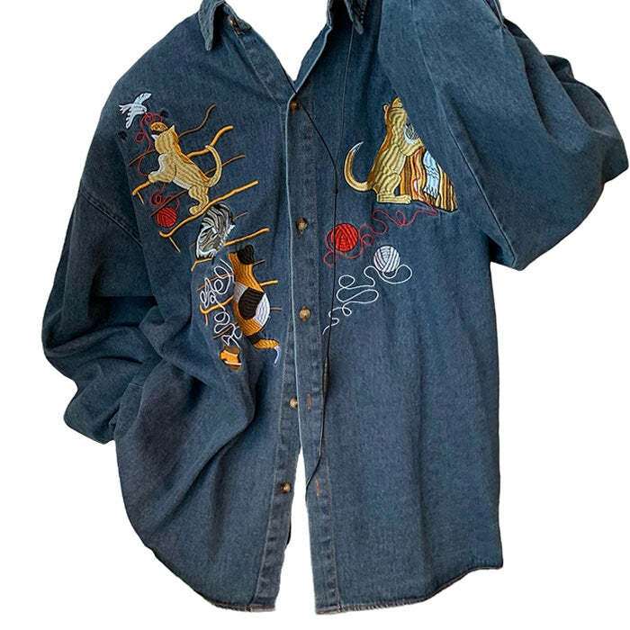 Y2K Fashion Cat Embroidery Vintage Denim Shirt - 2000s Style Top