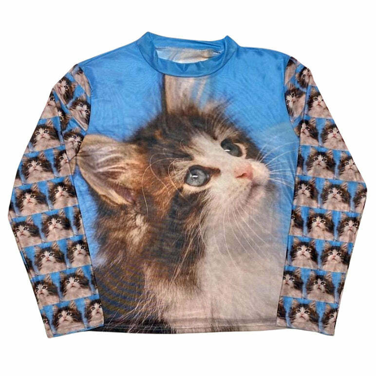 Y2K Fashion Cats Everywhere Graphic Long Sleeve Tee - 2000s Style