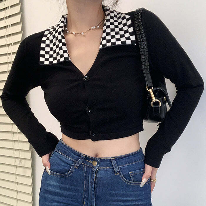 Y2K Fashion Checkerboard Collar Top - Trendy 2000s Style Essential