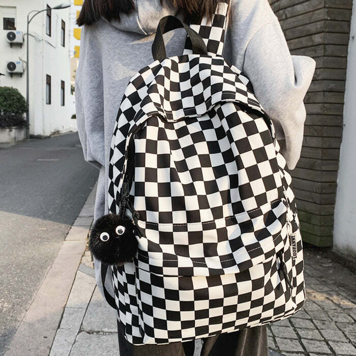 Y2K Fashion Checkered Canvas Backpack - Trendy 2000s Style Bag