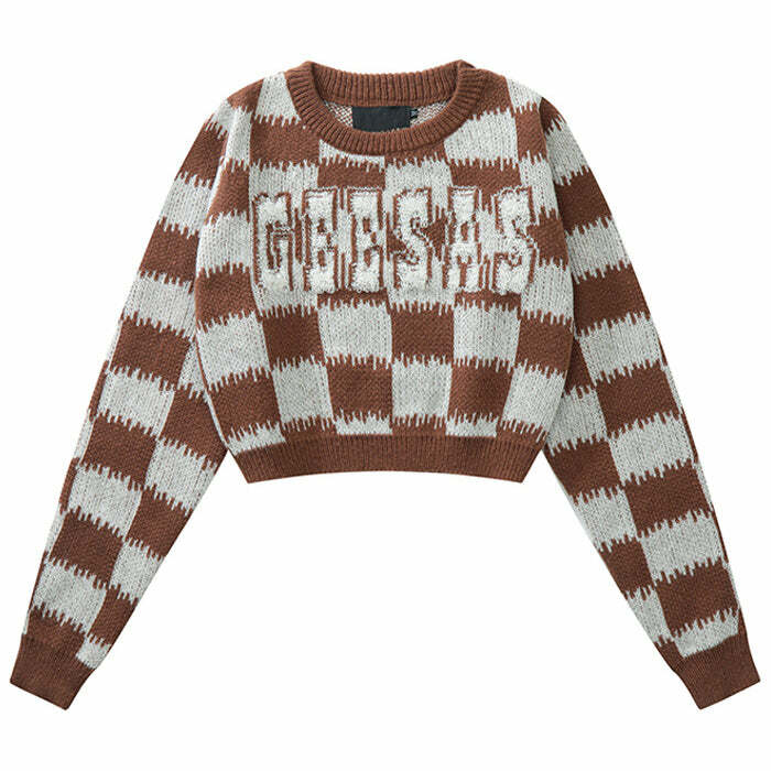 Y2K Fashion Checkered Fuzzy Crop Sweater - Trendy 2000s Style Top