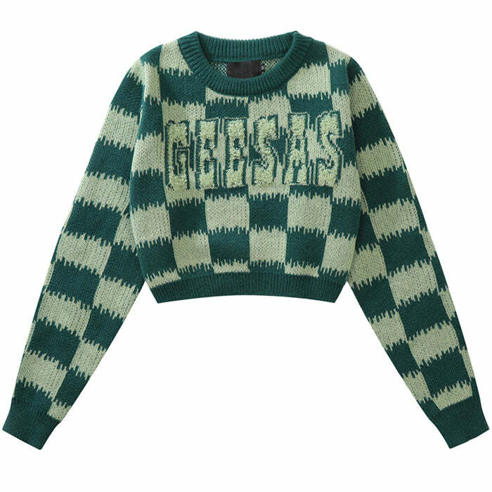 Y2K Fashion Checkered Fuzzy Crop Sweater - Trendy 2000s Style Top