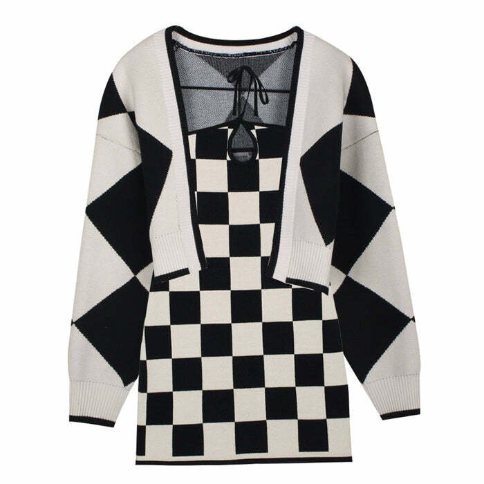 Y2K Fashion Checkered Knit Dress & Cardigan Set - 2000s Style Outfit