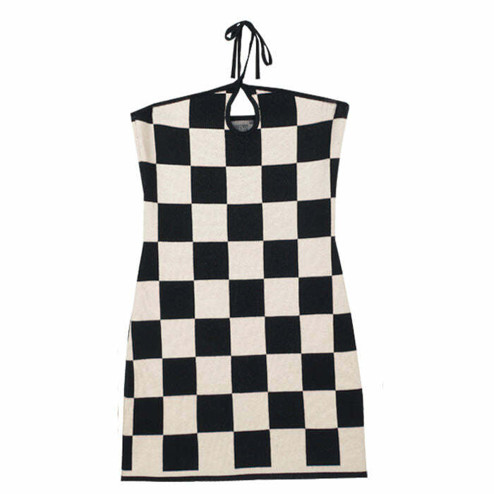 Y2K Fashion Checkered Knit Dress & Cardigan Set - 2000s Style Outfit