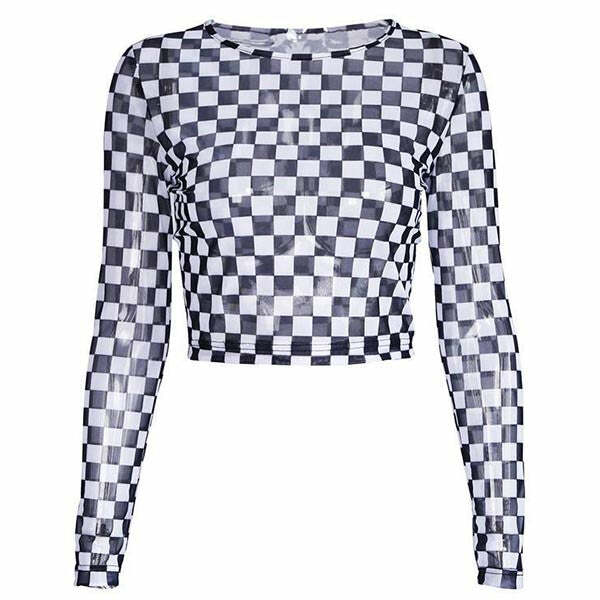 Y2K Fashion Checkered Long Sleeve Crop Top - Trendy 2000s Style