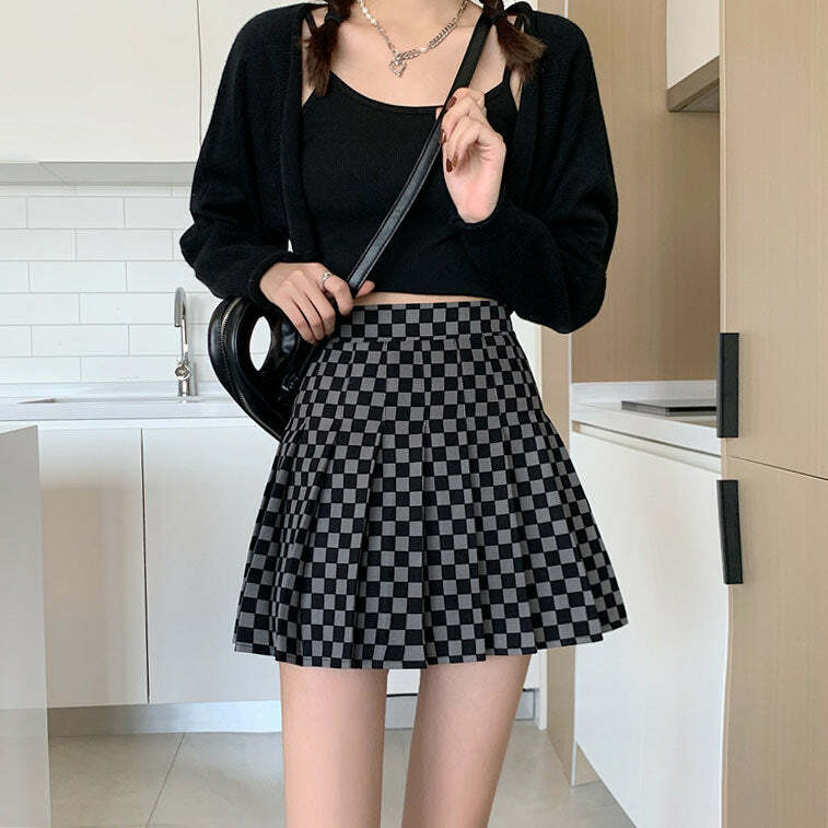 Y2K Fashion Checkered Print Pleated Skirt - 2000s Style Essential