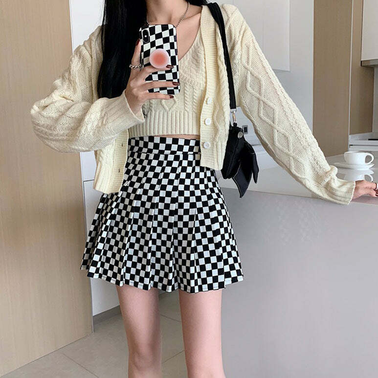 Y2K Fashion Checkered Print Pleated Skirt - 2000s Style Essential