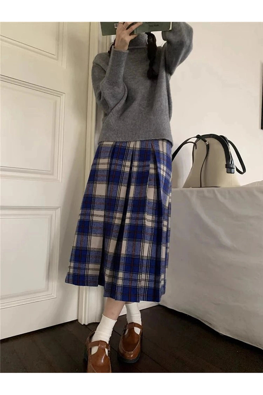 Y2K Fashion Classic Academia Plaid Midi Skirt - 2000s Style Essential