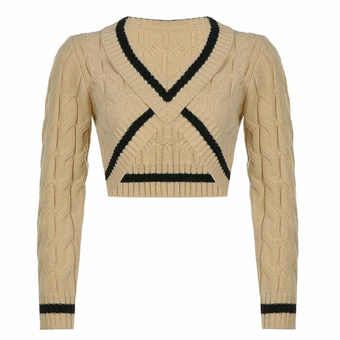 Y2K Fashion Coffee Cream Cropped Sweater - Trendy 2000s Style Top