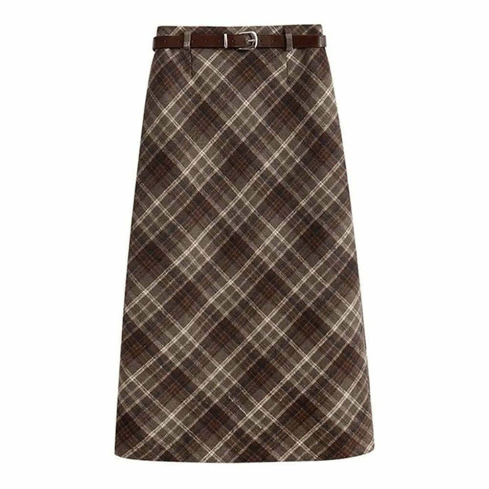 Y2K Fashion Coffee Cream Plaid Midi Skirt - 2000s Style Essential