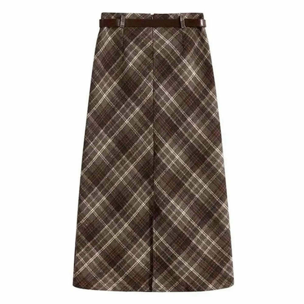 Y2K Fashion Coffee Cream Plaid Midi Skirt - 2000s Style Essential