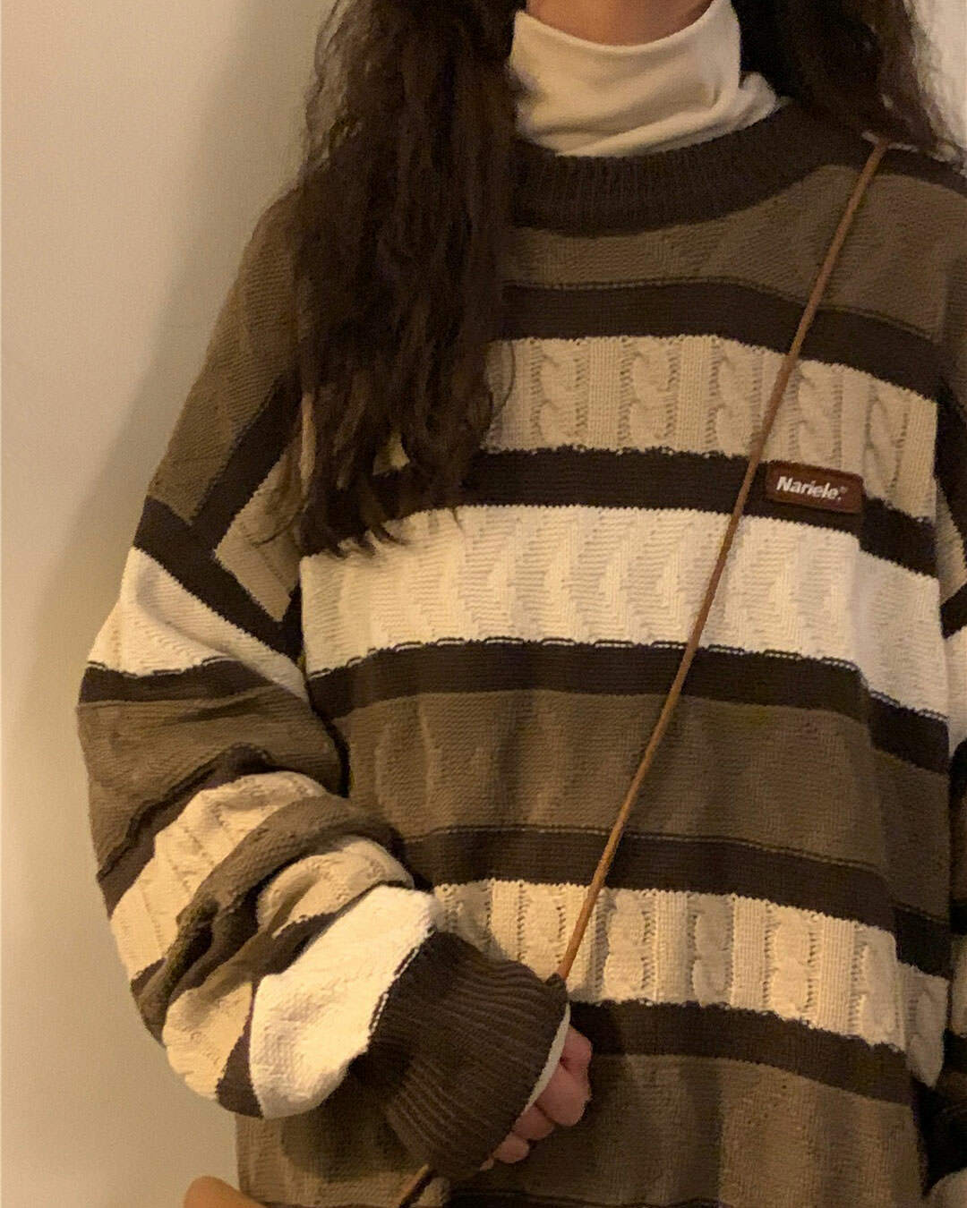 Y2K Fashion Coffee Cream Striped Oversize Sweater - 2000s Style Essential