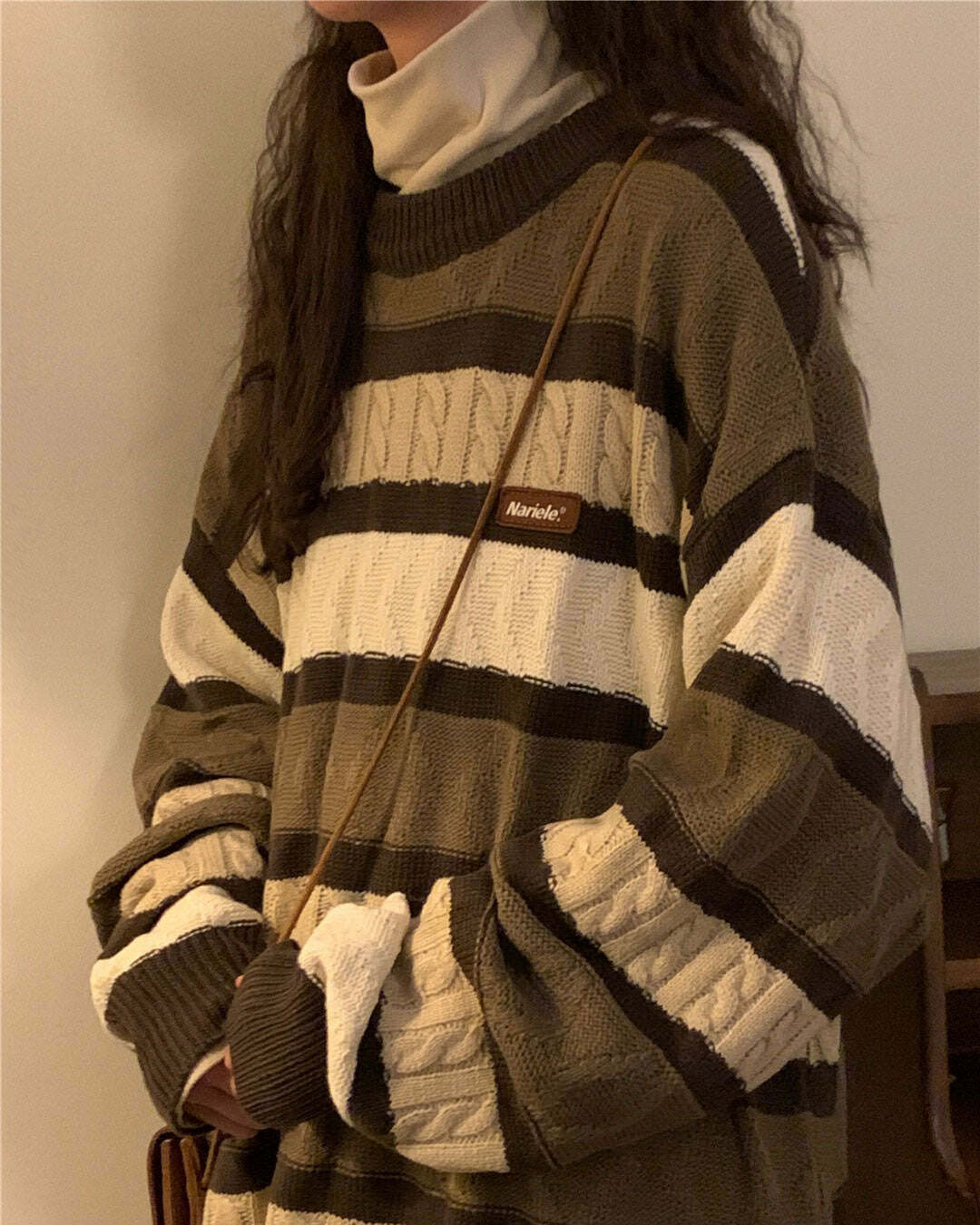 Y2K Fashion Coffee Cream Striped Oversize Sweater - 2000s Style Essential