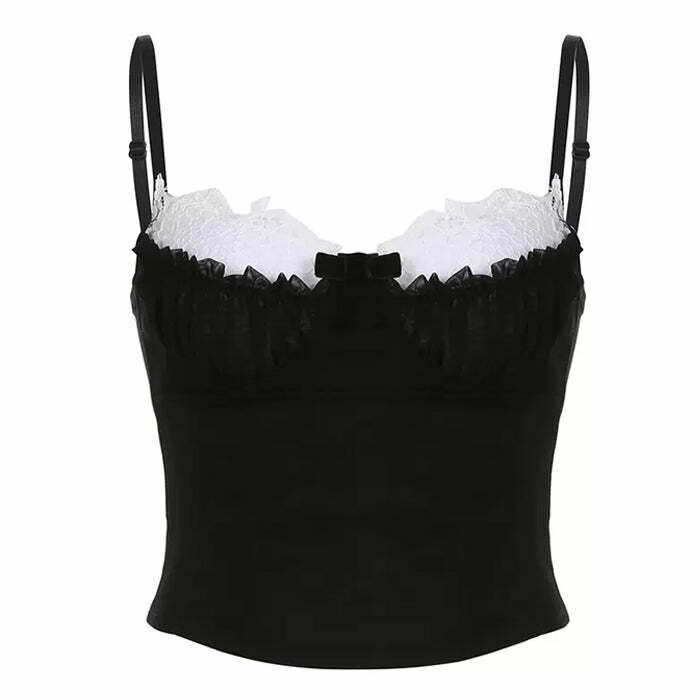 Y2K Fashion Contrast Lace Ruched Bust Cami Top - 2000s Style Essential