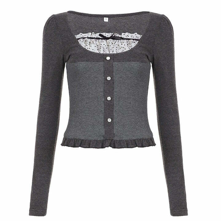 Y2K Fashion Coquette Aesthetic Grey Long Sleeve Top for Trendy Looks