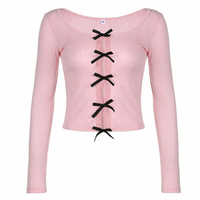 Y2K Fashion Coquette Bow Long Sleeve Split Top - 2000s Style Essential